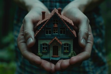 Close up of toy house model in male hands  Close up of toy house model in male hands