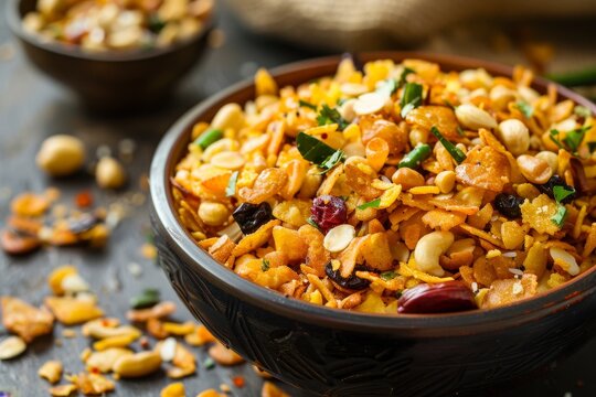 Indian deep fried snack chivda or farsan or namkeen made with gram flour and dry fruits focused