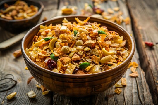 Indian fried snack made with gram flour and dry fruits chivda farsan or namkeen traditional recipe