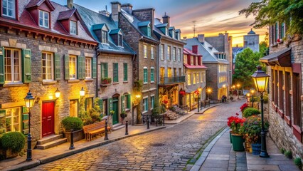 Historic cobblestone street lined with charming boutiques, gas lamps, and colorful buildings in picturesque Lower Town Quebec City scenery.