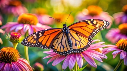 Naklejka premium Vibrant orange monarch butterfly with delicate wings perched on soft pink petals of a lush blooming flower in summer garden.