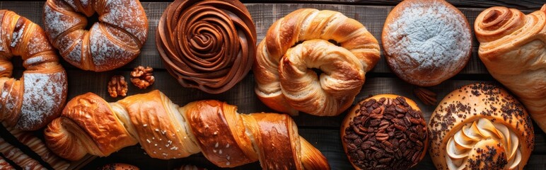 Assorted pastries and baked goods on wooden table