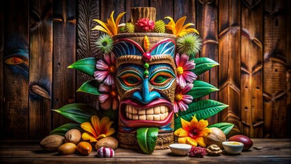 Fototapeta premium Vibrant, colorful, intricately carved wooden Tiki figure adorned with shells, feathers, and flowers on a rich, dark wood background.