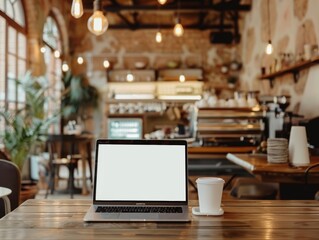 A white-screen laptop computer mockup on a wooden table in a contemporary cosy coffee shop. - ai