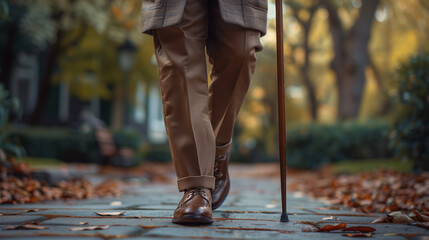 Senior walking with a cane, dress pants and loafers, leg view, side view, realistic, noise, close shot