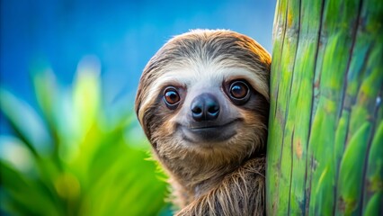 Fototapeta premium A curious sloth's face peeks out from behind a lush green tree trunk, set against a bright blue background with plenty of empty space for text.