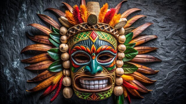 Colorful intricately carved wooden Tahitian tiki mask adorned with shells, feathers, and woven fibers on a dark stone background.