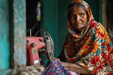 Obraz premium PORTRAIT OF A RURAL WOMAN SEWING CLOTHES