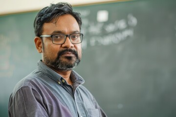 Obraz premium portrait of confident Indian teacher standing in front of the black board in class room