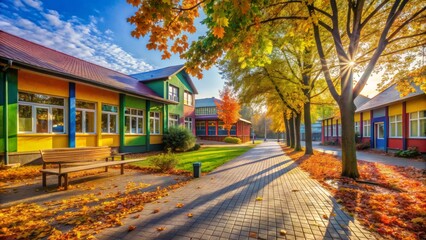 Fototapeta premium A serene morning atmosphere with a kindergarten's brightly colored exterior, empty sidewalks, and a few fallen leaves scattered around.