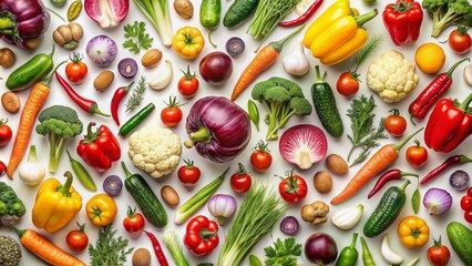 Colorful assortment of fresh vegetables arranged in repeating pattern against transparent background, perfect for design and advertising purposes.