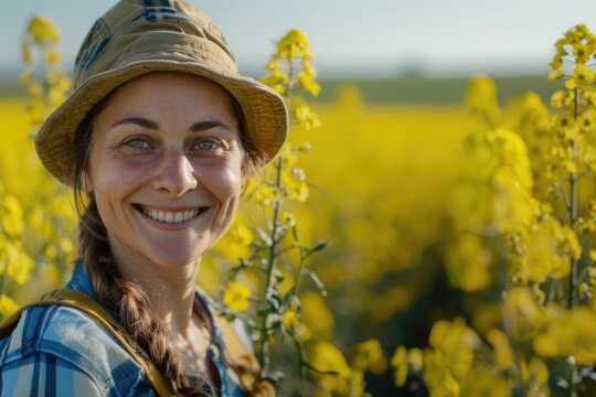 Head shot of woman in the mustard field on a sunny day - Powered by Adobe