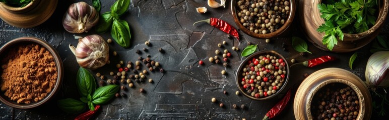 Assorted Spices and Herbs on dark, background