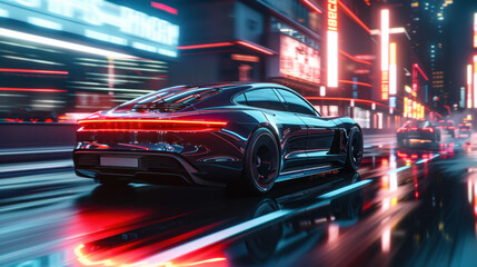 A car is driving down a road with a bright blue color.