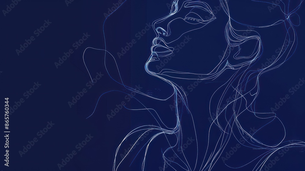 Wall mural Abstract line art illustration of a woman's face on a blue background. Concepts of beauty, femininity, art, and design.