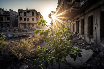 Obraz premium Sunrise shining through flowers in abandoned urban ruins