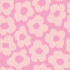 Knitted floral seamless pattern. Fabric imitation vector background. Flat style knit wallpaper with botanical print. Cute design for gift wrap, paper, textile