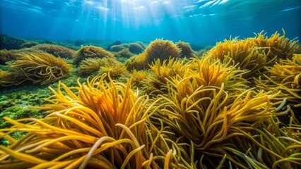 Obraz premium Golden-brown Ascophyllum nodosum seaweed knotted strands entwined on mossy green ocean floor with subtle wave patterns in the background.