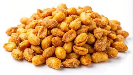 Fototapeta premium Delicious golden honey roasted peanuts scattered artfully on a pristine white background, showcasing their crunchy textured goodness perfectly.
