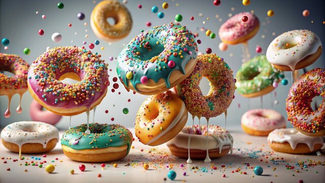 Vibrant doughnuts with swirling icing and colorful sprinkles defy gravity, suspended above puddles of sugary goodness on a pristine white backdrop.