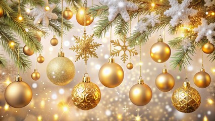 Golden Christmas tree ornaments hang delicately from branches, surrounded by twinkling fairy lights, festive balls, and snowflakes on a white background.