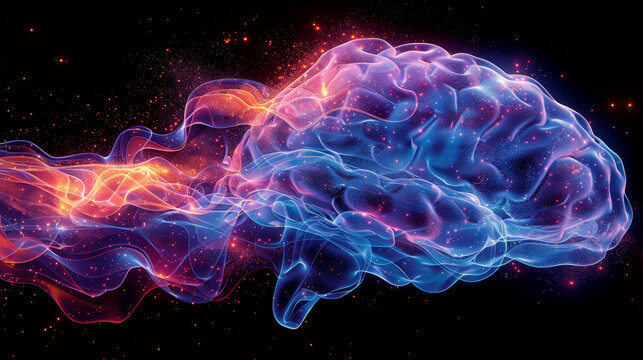 Abstract illustration of a brain with colorful flowing patterns and glowing particles against a dark background