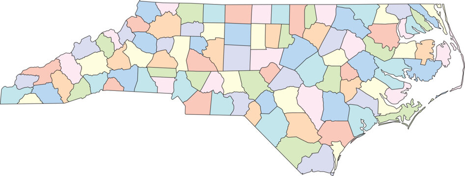 Editable vector file of the counties that make up the state of North Carolina, located in the United States.