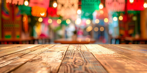 Empty wooden table to place product or advertising Mexican festive restaurant background