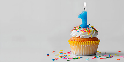 Cupcake to celebrate birthday or anniversary with candle in the shape of number 1