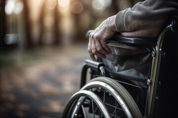 Obraz premium Elderly person in wheelchair outdoors with sunlight