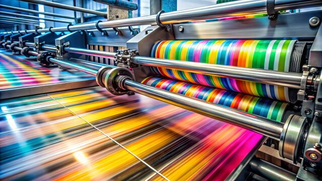 Close-up of a modern commercial printing press machine in operation, with colorful sheets of paper moving rapidly through the rollers and cutting blades.