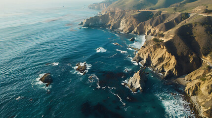 Rugged coastline of Big Sur California where Pacific Ocean meets towering cliffs 