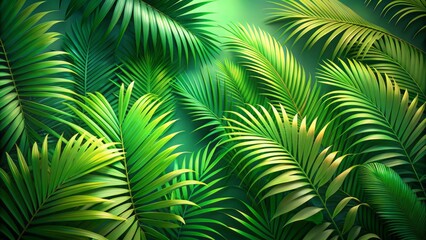 Vibrant green abstract background with subtle shadows of palm leaves, created through 3D rendering, evoking tropical tranquility and serenity.