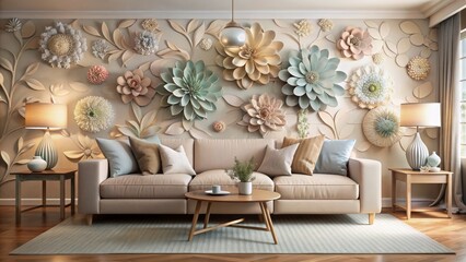 Delicate floral patterns dance across a 3D wall art installation in soft pastel hues, beside a beige sectional sofa in a serene atmosphere.