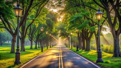 A serene, empty asphalt road lined with lush green trees and lamps, perfect for a peaceful morning bike ride.