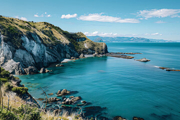 Serene landscape of the Tasman Sea off the coast of New Zealand showcasing rugged coastlines and blue waters costal paradise