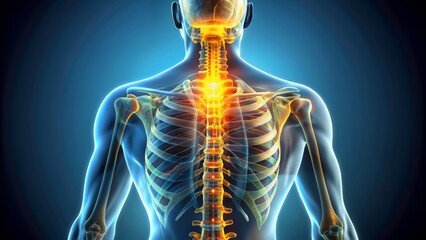 Here is a 20-word description for a stock photo related to a 3D medical illustration of a human figure with a highlighted spine,<|start_header_id|>assistant<|end_header_id|>