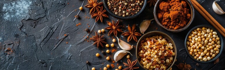 Assortment of Spices and Herbs on Dark Surface