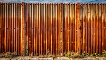 Old rusty brown corrugated metal fence with intricate patterns and rivets standing alone in a deserted industrial background landscape.