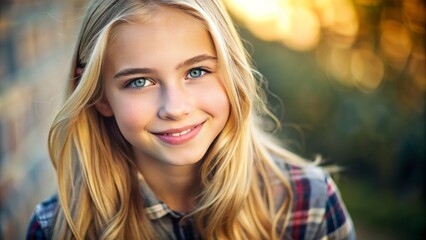 Obraz premium Gentle, soft-focus portrait of a bright-eyed, blonde-haired teenager wearing casual attire, natural makeup, and warm, effortless smile, evoking innocence, youth, and radiant beauty.