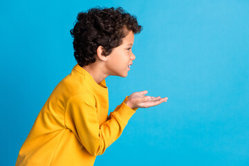 Profile portrait of cute small schoolkid hold empty space wear pullover isolated on blue color...