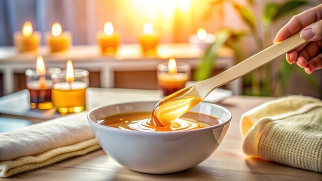 Hot wax filled bowl and spatula on focus against blurred background, implying beautician's tools for hair removal procedure.
