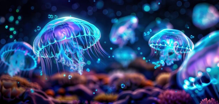 Vibrant bioluminescent jellyfish float gracefully in an underwater seascape, illuminating the dark ocean with their ethereal glow.