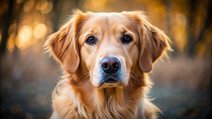 Adorable golden retriever with a fluffy coat and floppy ears gazes directly at the camera with a sweet and gentle expression.
