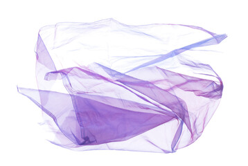 Purple Violet Organza fabric flying in curve shape, Piece of textile blue sky organza fabric throw fall in air. White background isolated motion blur