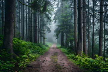 Obraz premium Vibrant landscape of the Black Forest in Germany featuring towering pine trees and misty pathways