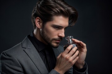 Man in suit holding perfume bottle