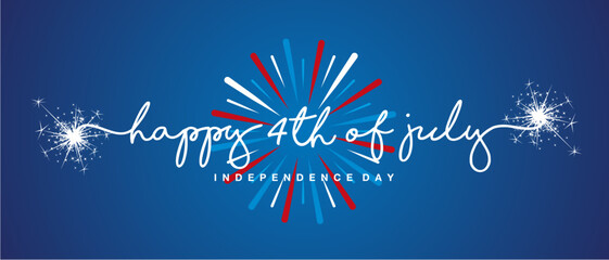 Happy 4th of July handwritten typography text. American Independence day with blue white red firework on blue background