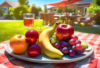 Healthy fresh fruit on a plate set with wine on picnic table outdoors in sunny back yard