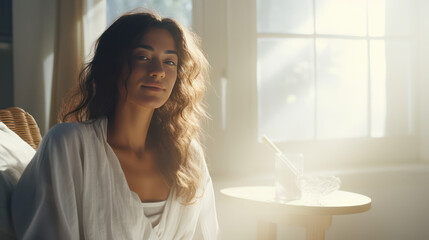 beautiful middle age woman is waking up in the morning , sun light came in thru window, doing meditation and enjoy the fresh moment 